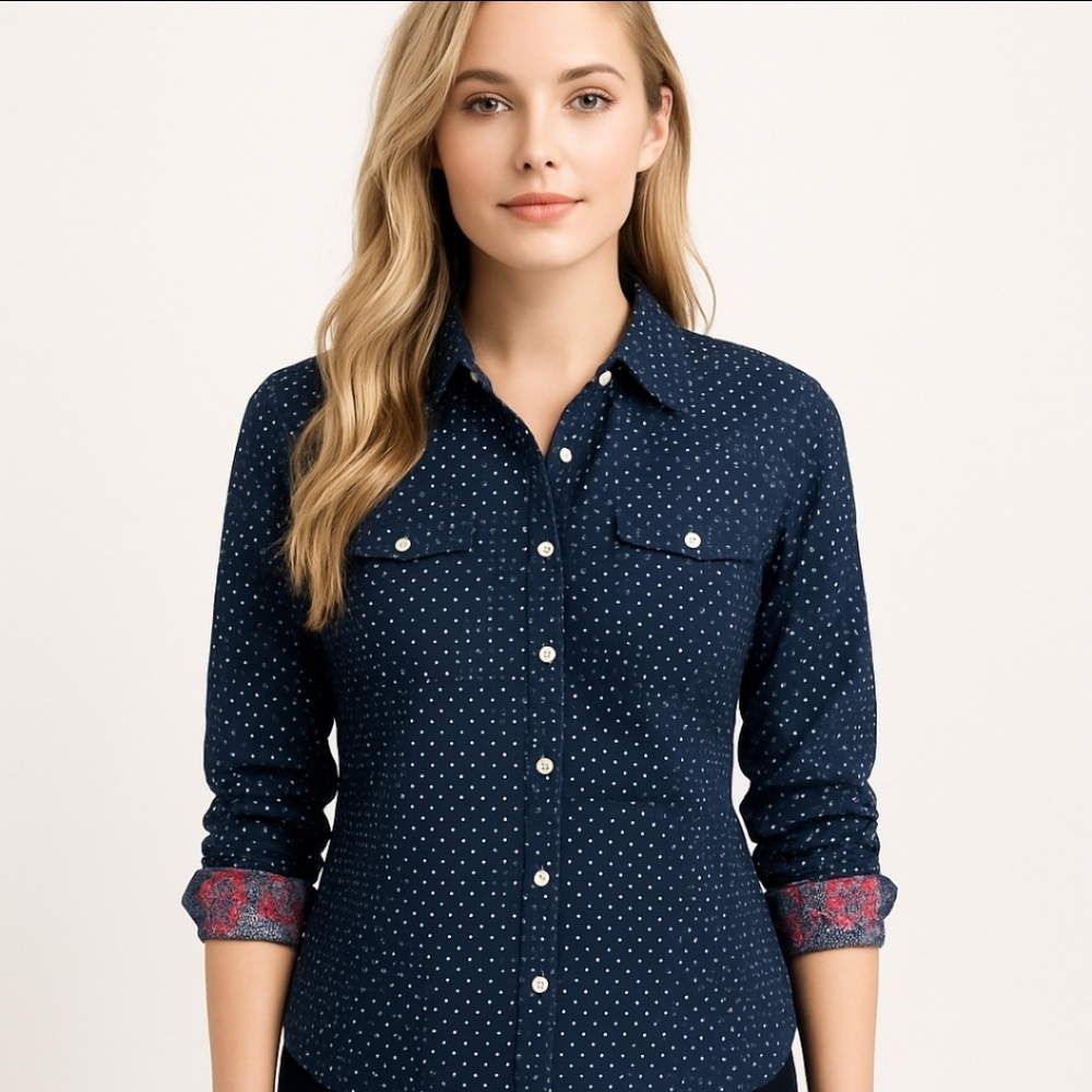 Tommy Hilfiger Navy Polka Dot Floral Womens Button Up Shirt Sz Med